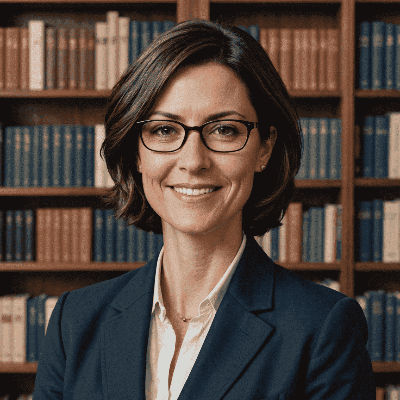 Portrait of Sarah Johnson, a woman in her 40s with short dark hair and glasses, wearing a navy blue blazer. She has a warm, professional smile and is standing in front of a bookshelf filled with finance and investment books.