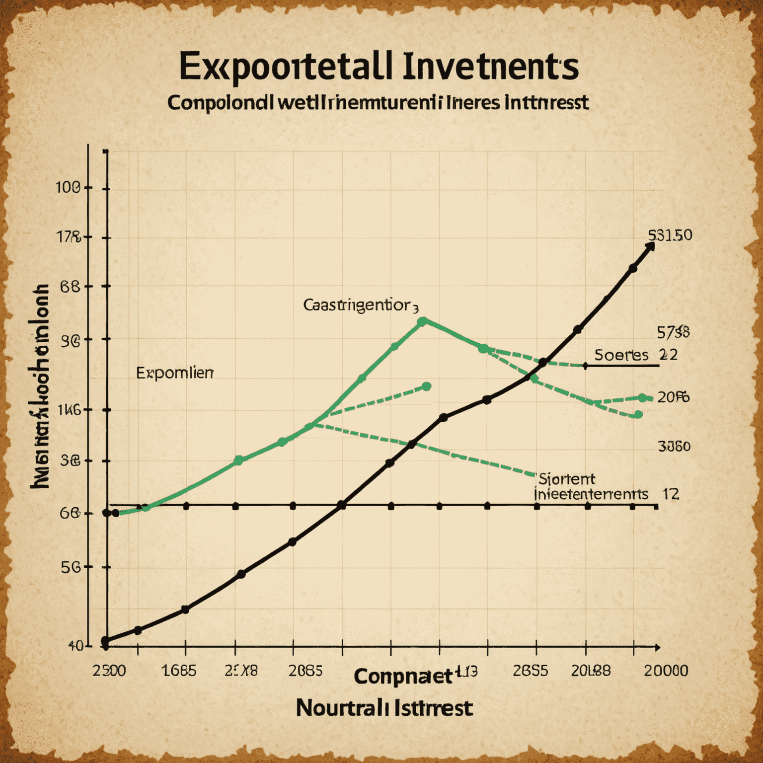 A graph showing exponential growth of investments over time due to compound interest. The curve starts low and gradually steepens, illustrating the dramatic increase in wealth over long periods.