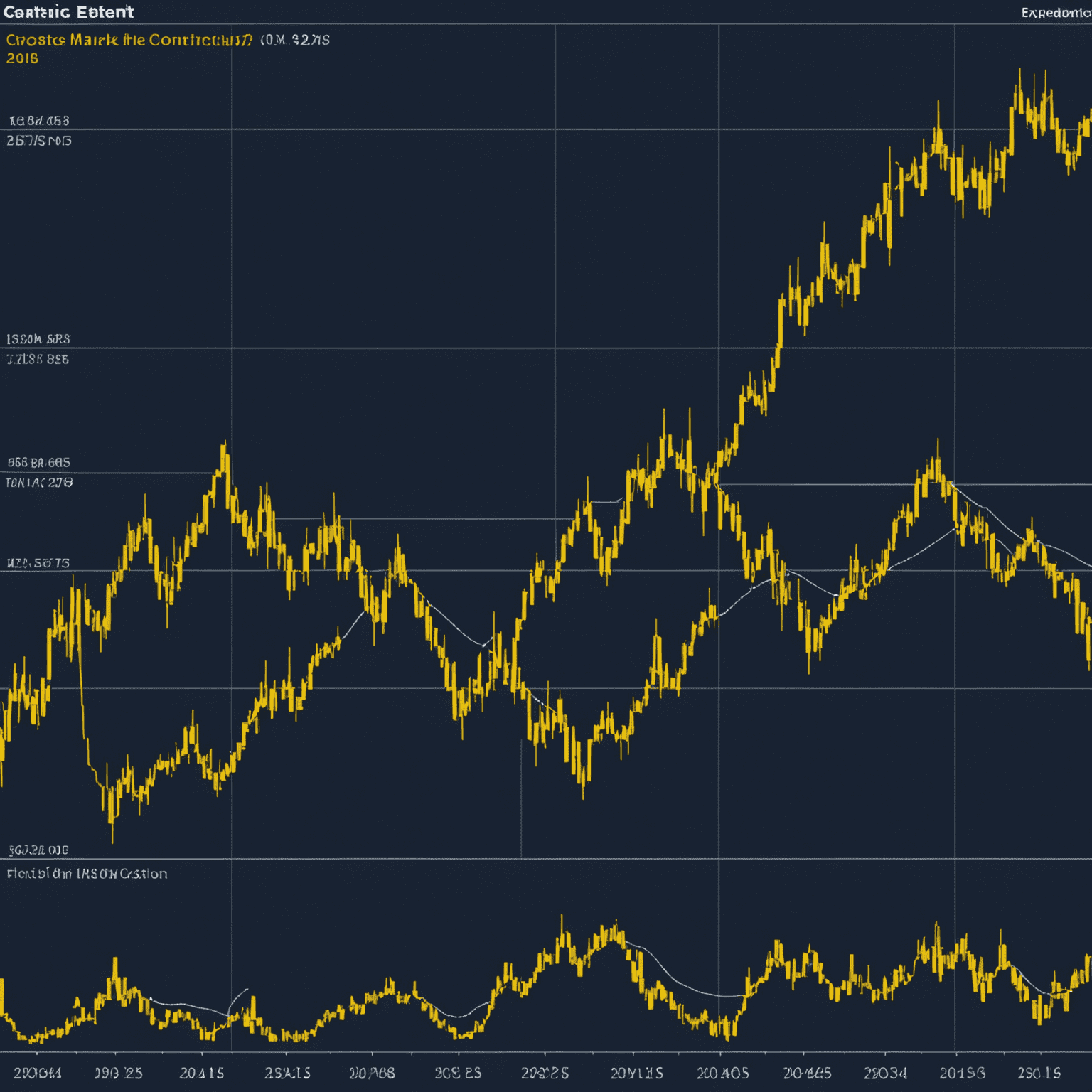 A detailed graph showing different phases of market cycles including expansion, peak, contraction, and trough. The graph uses gold lines on a navy background to represent economic indicators over time.