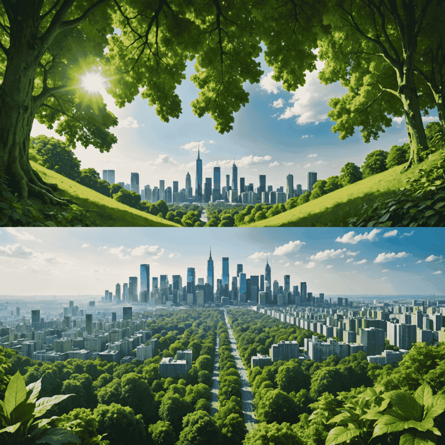 A split image showing a lush green forest on one side and a modern city skyline on the other, symbolizing the balance between environmental sustainability and economic growth