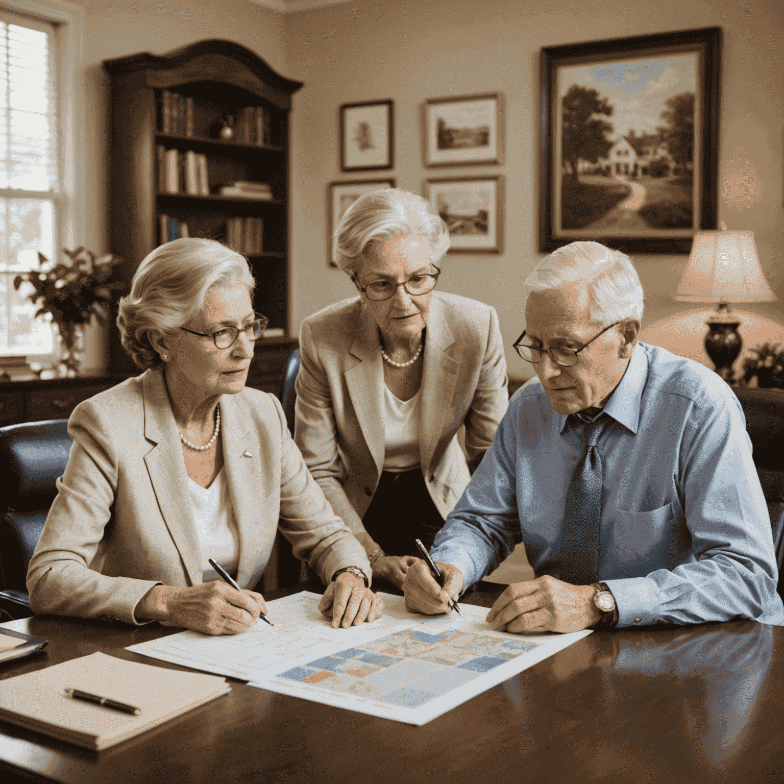 A sophisticated office setting with an elderly couple discussing estate plans with a financial advisor. Documents, family photos, and a model of a house are visible on the desk, symbolizing legacy planning and wealth transfer.