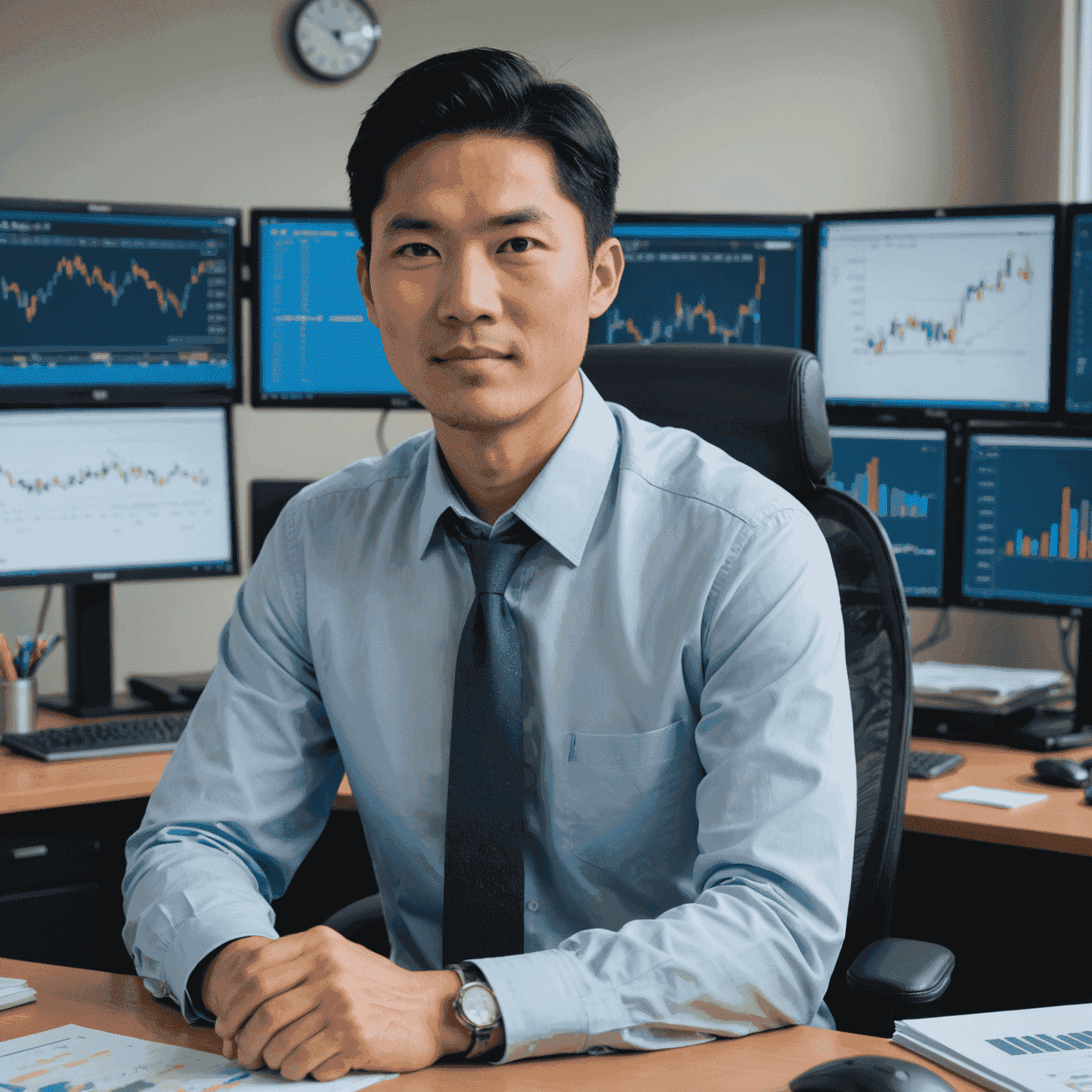 Portrait of Michael Chen, an Asian man in his 30s with black hair, wearing a light blue dress shirt. He has a friendly expression and is seated at a desk with financial charts and a computer visible.
