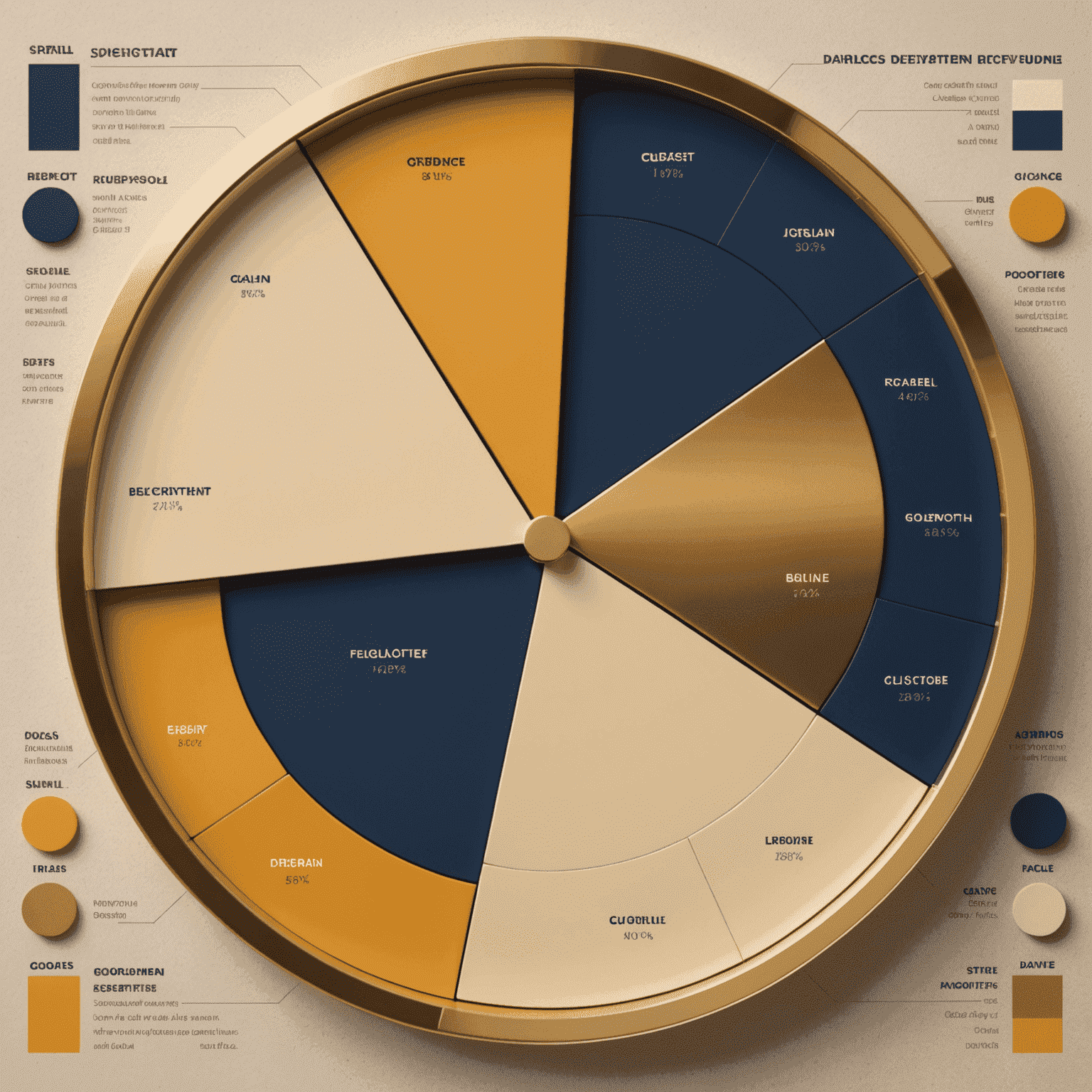 A sophisticated pie chart showing various asset classes in different shades of gold and navy, representing a well-diversified investment portfolio.