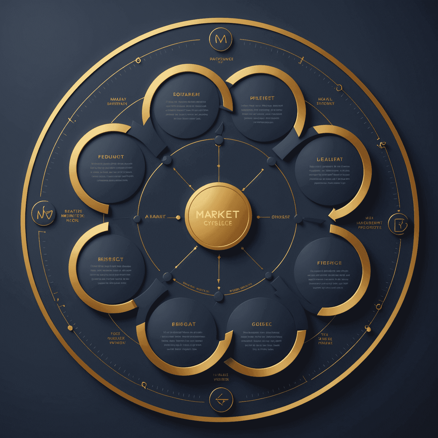 An elegant circular diagram showing different phases of market cycles, with each phase represented by a distinct golden icon against a deep navy background.