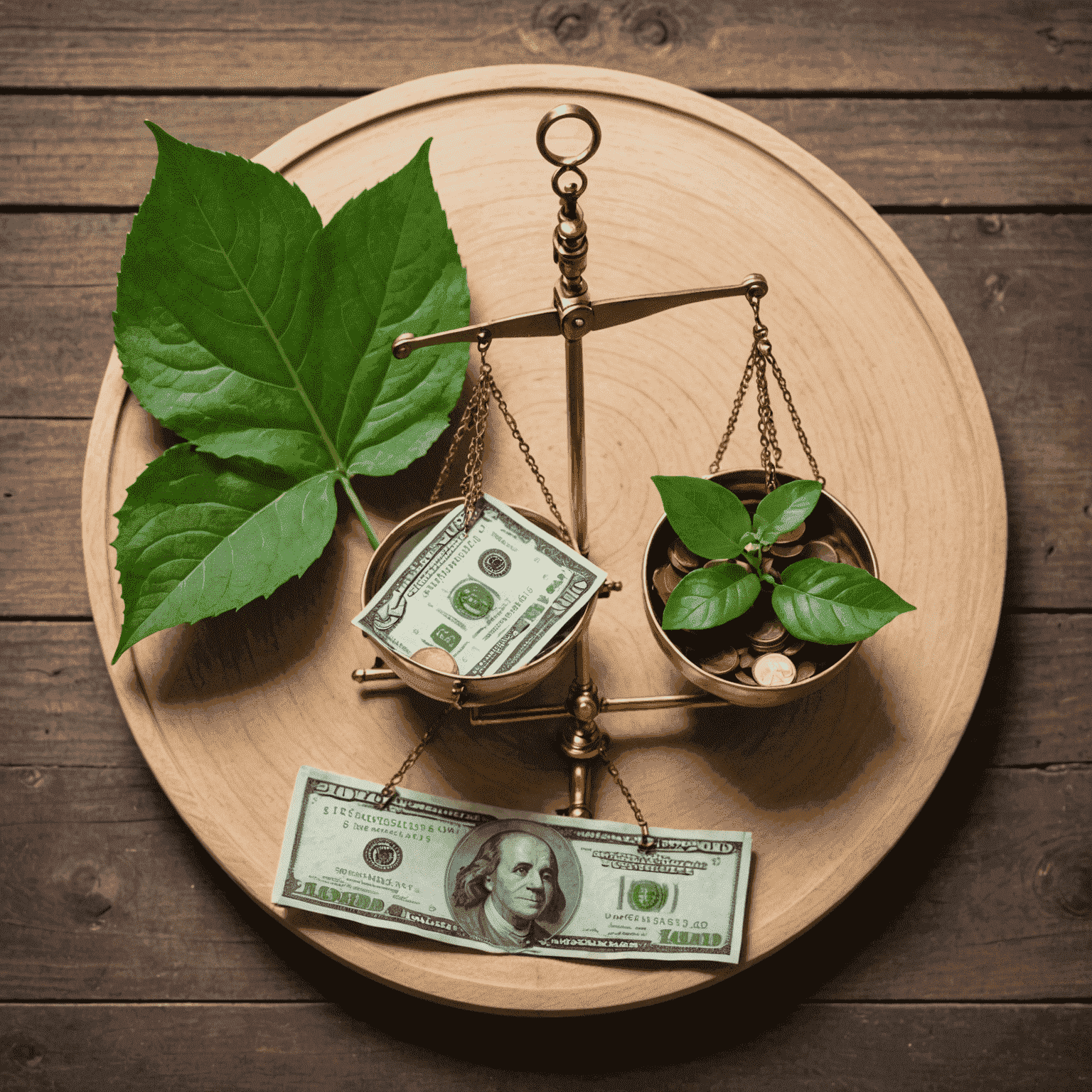 A balance scale with money on one side and a green leaf representing sustainability on the other